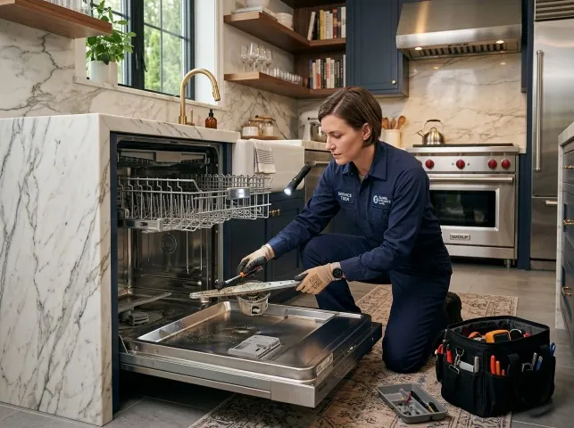 Appliance Repair Hero technician servicing a built-in dishwasher in a Arcadia, FL kitchen