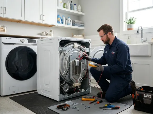 Appliance Repair Hero technician checking a dryer heating element with the rear panel off in Arcadia, FL
