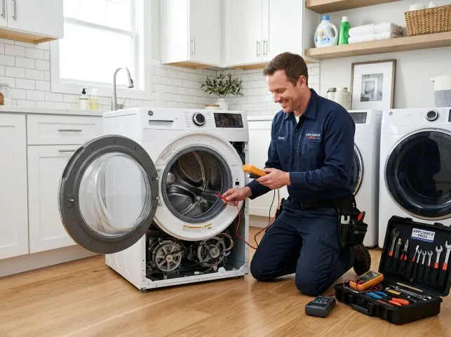 Appliance Repair Hero technician testing a front-load washer with a multimeter on a Arcadia, FL service call